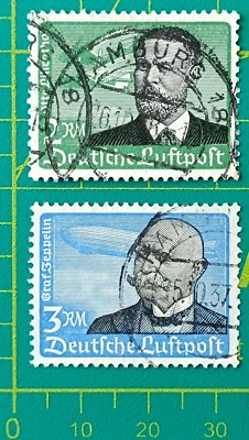 Germany Stamp 1934, Sc AP8, 2m green & black, 3m blue & black, used - Image 1 of 4