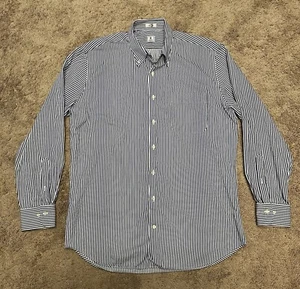 Peter Millar Dress Shirt Mens Large Blue Stripe Long Sleeve Button Up Cotton - Picture 1 of 3