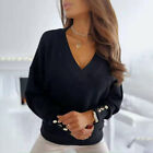 Womens V Neck Long Sleeve Pullover Blouse Ladies Casual Loose Plain T-shirt Tops