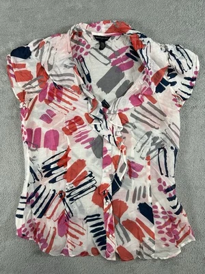 Banana Republic Blouse Womens S Abstract Print Silk Blend Ruffle V Neck Button - Image 1 of 4