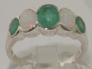 Solid 18k White Gold Natural Emerald & Opal Womens Band Ring - Sizes 4 to 12 - Picture 1 of 5
