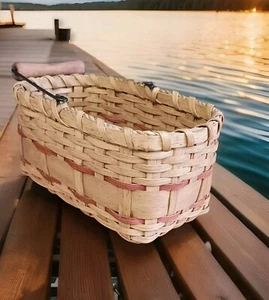 Vtg 1995 Woven Basket Signed By Maureen Cross w/Wood Handle Rustic Farm Cottage - Picture 1 of 14