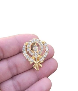 Khanda brooch gold plated stunning diamonte sikh king pin singh kaur broach k58 - Picture 1 of 10