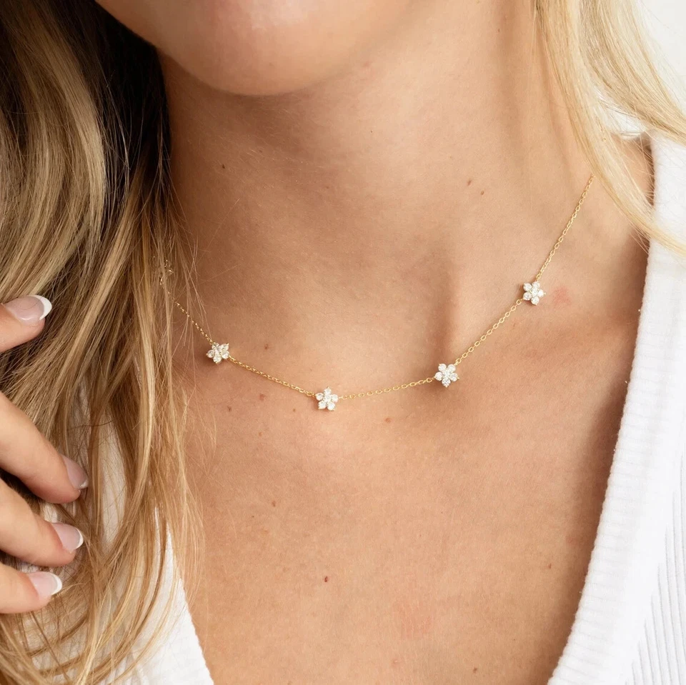 Minimalist 1Ct Round Cut Natural Diamond Flower Station Necklace 14k Yellow Gold - Image 1 of 4