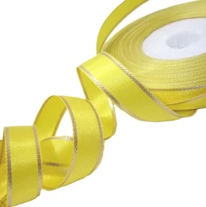 1/2" 13mm - 32yd / Roll Lemon Yellow w/ Metallic Gold Edge Polyester Ribbon S97 - Picture 1 of 9