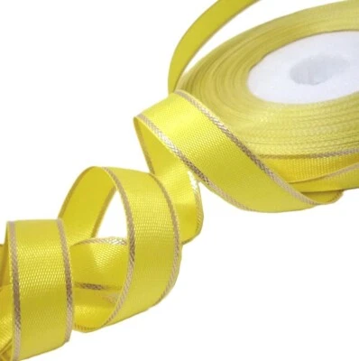 1/2" 13mm - 32yd / Roll Lemon Yellow w/ Metallic Gold Edge Polyester Ribbon S97 - Image 1 of 4