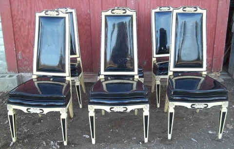 SET OF 6 MID CENTURY UPHOLSTERED CLASSICAL REGENCY PAINTED DINING CHAIRS Cover