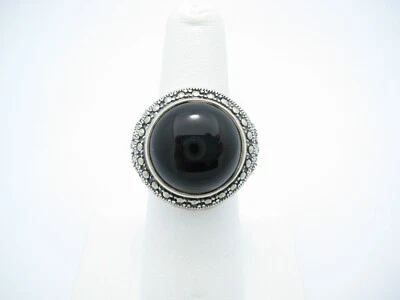 Anillo redondo de plata de ley de ónix negro marcasita Fluer De Lis 23 mm talla 7 Foto 1 de 4
