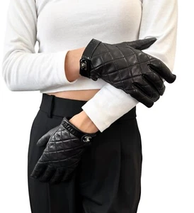 Guantes CHANEL Vintage Logo CC Turnlock #7.5 Negro Plata Acolchado Cuero - Imagen 1 de 12