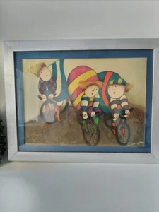 Vtg Joyce J. Roybal 3 Cyclists Signed Painting Oil On Canvas 11.5x10 Framed - Picture 1 of 7