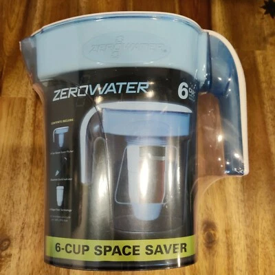 ZEROWATER ZP-006, 6 Cup Water Filter Pitcher w/ Meter White/Blue NEW - Image 1 of 3