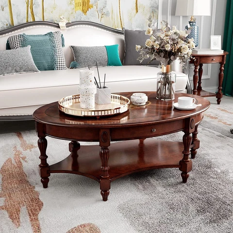 Leemtorig Oval Vintage  Cherry Wood Cocktail Table With Storage Drawer Cover