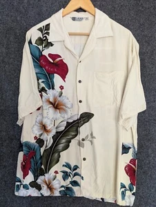 Vintage Iolani Hawaiian Shirt Sz L Made in USA Hibiscus Floral Beige Camp Aloha - Picture 1 of 9