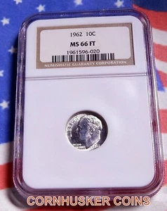 1962 ROOSEVELT SILVER DIME NGC MS 66 FT~ BRIGHT WHITE GEM ~ FREE SHIPPING - Picture 1 of 2