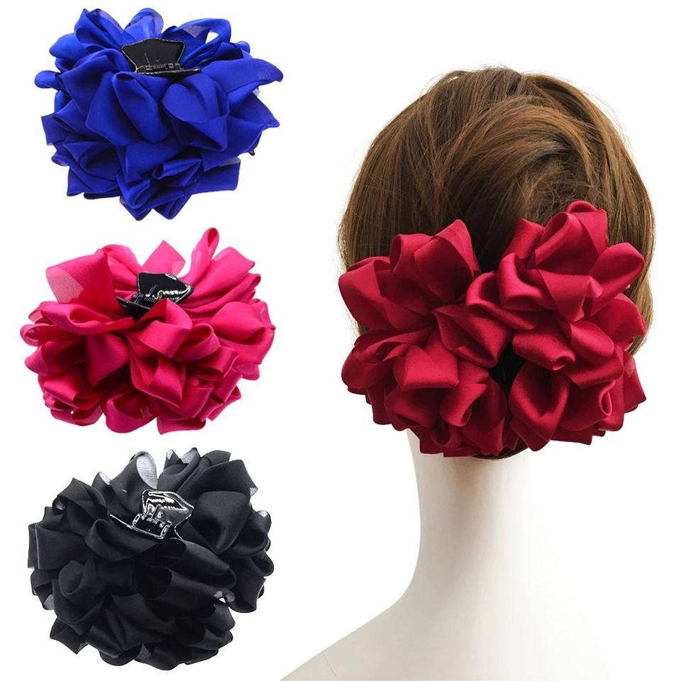 4 Pcs Large Silk Flower Bow Hair Claw Jaw Clips Women Clamps Photography Bridal