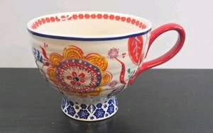 ANTRHOPOLOGIE Sip Of Nectar Pedestal Stoneware Mug Red Blue Yellow Boho Floral - Picture 1 of 10