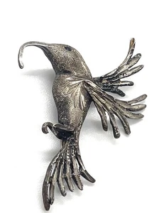 Vintage Old Silver Oxidised Hummingbird Brooch With Black Onxy Eye 4.5cm - Picture 1 of 6