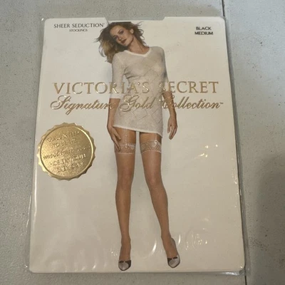 NEW Victoria Secret Signature Black SHEER SEDUCTION STOCKINGS HOSIERY M Med NWT - Image 1 of 4
