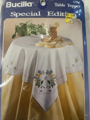 Vtg 1992 Bucilla White Table Topper Meadow Flowers Cross Stitch Kit 40x40 #63345 - Image 1 of 4