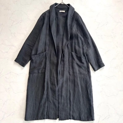 ICHI Antiquites Lino Abrigo Largo Cardigan Negro TAMAÑO LIBRE - Imagen 1 de 4