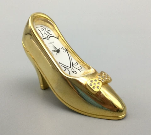 Vintage Linden Desk Clock Women Shoe Design Gold Tone Pave Crystal New Battery Cover