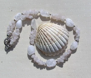 SALE Pale Rose Quartz & Crackled Clear Quartz Gemstone Necklace "Rose Blush " - Picture 1 of 7