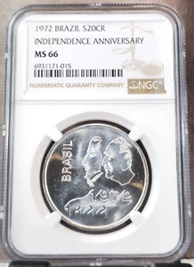 1972 BRAZIL SILVER 20 CRUZEIROS INDEPENDENCE ANNIVERSARY NGC MS 66 SCARCE GEM BU - Picture 1 of 3