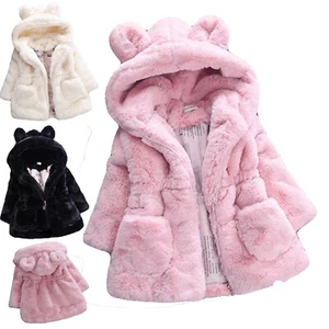 Baby Girls Warm Fur Fleece Rabbit Coat Cloak Hooded Thick Outwear Jacket Xmas - Picture 1 of 13