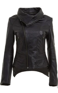 Infinity New Ladies Short Retro Black Removable Collar Leather Biker Jacket - Picture 1 of 4