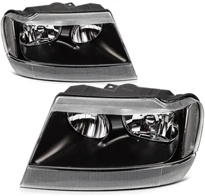 For 4.0L 4.7L 99-2004 Jeep Grand Cherokee Headlight Assembly Pair Black Housing - Foto 1 di 9