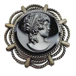 Schwarze Glas Kamee Spinnennetz verziert Seil Metallboden Vintage Brosche Anhänger - Bild 1 von 19