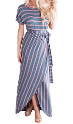 Beautife Dress Women’s Size XL Blue/Pink Striped Wrap Around Maxi Summer Casual - Image 1 of 4