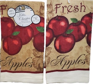 Set of 2 Same Printed Kitchen Towels (15"x25") FRESH RED APPLES ON TAN # 17, BH - Picture 1 of 6