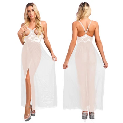 Women Lace Lingerie Babydoll Dress Chemise High Split Nightdress with G-String - Image 1 of 4