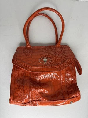 Bolsa de mão vintage Nine West falsa crocodilo em relevo laranja coral - Imagem 1 de 4