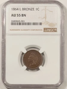 1864 L BRONZE INDIAN CENT - NGC AU-55 BN, LOOKS 58+! PREMIUM QUALITY! - Picture 1 of 3