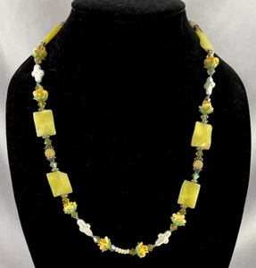 Yellow Aventurine Freshwater Pearl Cross Rose Art Glass Toggle Clasp Necklace - Picture 1 of 12