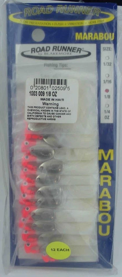 Tarjeta de 12 Blakemore 1003-09 Marabou Road Runner 1/8 oz Fluores Red Head Foto 1 de 1