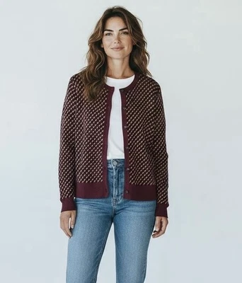 Cárdigan Suéter Ann Taylor L Geométrico Jacquard Borgoña Dorado Viscosa Foto 1 de 4