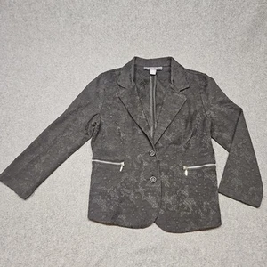 Suzy Shier Jacket Blazer Women M Black Floral Zipper Pockets 2 Button Closure - Picture 1 of 8