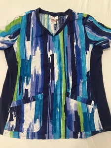 White Cross Scrub Top 100% Cotton Size Medium Short Sleeve Multicolor Print - Picture 1 of 6