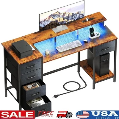 47 Inch Computer Desk W/ Charging Station LED Lights Storage Drawers Gaming Desk - Image 1 of 4