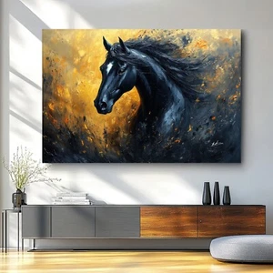 Leinwand Bild Pferde Schwarz Gold Modernes Design Metall Optik Wandbilder 6491A - Bild 1 von 7