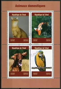 Chad 2019 CTO Domestic Animals Pets Cats Dogs Fish Parrots 4v M/S Stamps - Picture 1 of 1