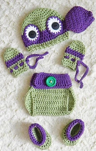 Juego de 6 piezas de ganchillo púrpura para bebé de las tortugas ninja inspirado en TMNT hecho a mano - Imagen 1 de 5