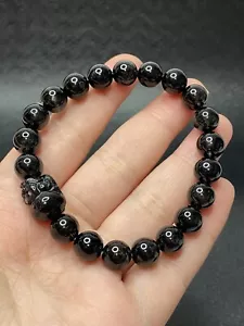 8.8mm Natural AA Grade Black Rutilated Quartz Pixiu Feng Shui Bracelet #C0117C - Picture 1 of 5