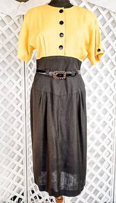 复古 80 年代连衣裙 Kasper 适用于 ASL Yell/Blk 亚麻紧身式腰带连衣裙 6/7 — 第 1/4 张图片