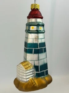 Blown Glass Painted Blue & Red Lighthouse Christmas Ornament - Picture 1 of 5