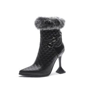 Women's Shoes Stilettos Pointed Toe Lined Ankle Boots Side Zip 33-49 50 Faux Fur