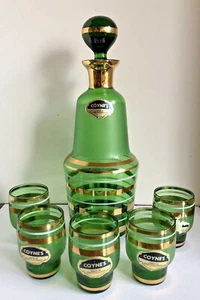 VINTAGE GREEN/GOLD TRIM & 5 GLASSES WINE LIQUOR DECANTER -COYNES CZECHOSLOVAKIA - Picture 1 of 8